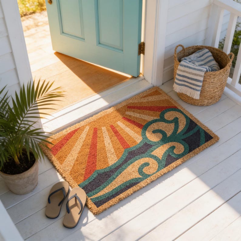 Abstract Ocean Coir Doormat, Coastal Welcome Mat