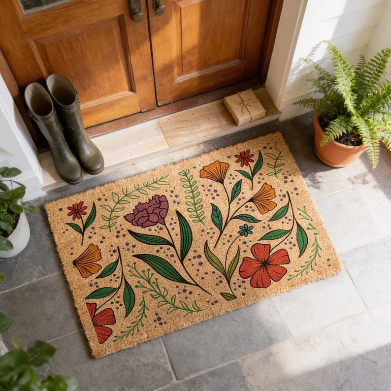 Floral Coir Doormat, Vintage Spring Flowers, Housewarming Gift