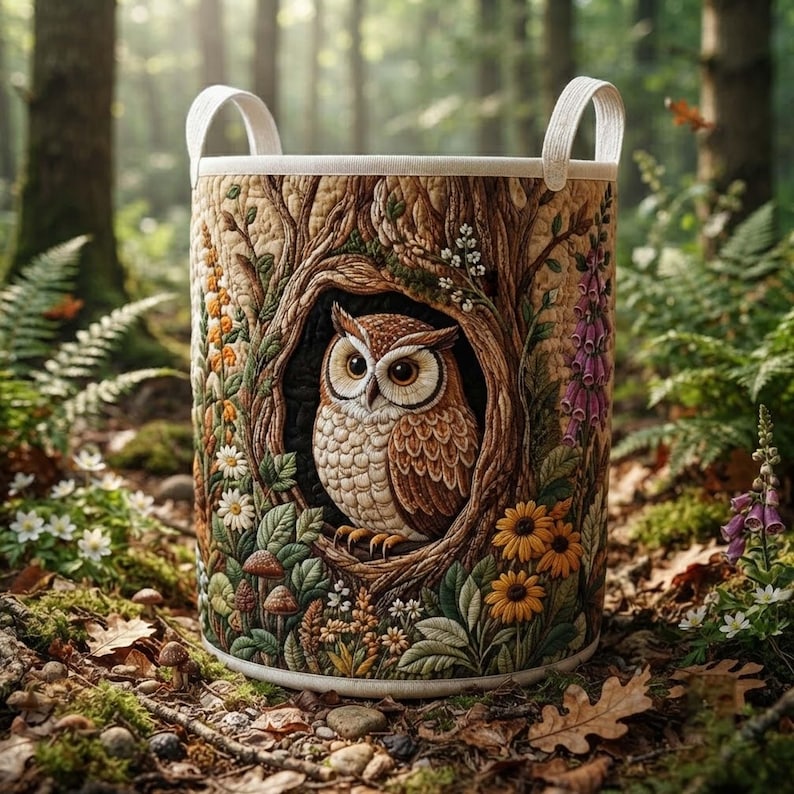 Forest Owl Quilted Laundry Basket: Whimsical Owl Clothes Hamper, Housewarming Gifts