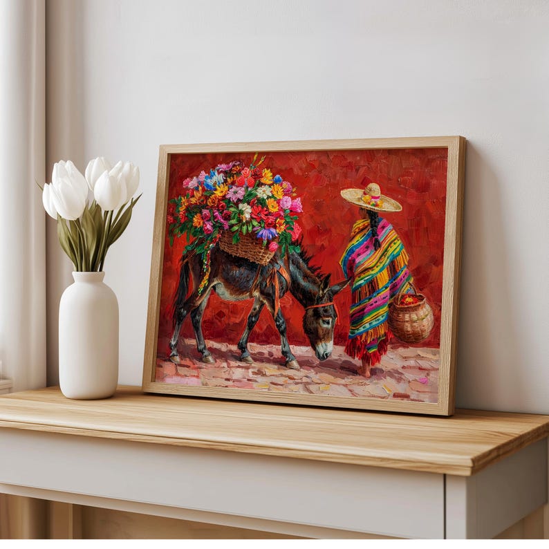 Mexican Floral Donkey Wall Art, Latina Flower Market Folk Art, Vibrant Cultural Serape Print, Mexico Decor, Colorful Latin American Painting