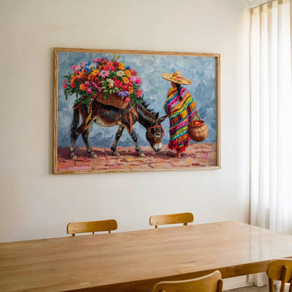 Mexican Floral Donkey Wall Art, Latina Flower Market Folk Art, Vibrant Cultural Serape Print, Mexico Decor, Colorful Latin American Painting