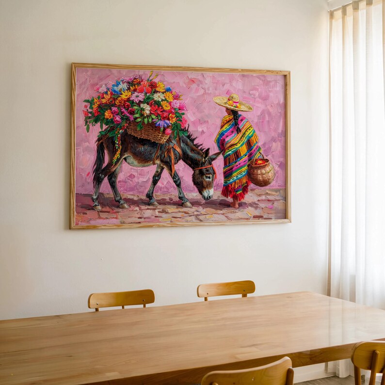 Mexican Floral Donkey Wall Art, Latina Flower Market Folk Art, Vibrant Cultural Serape Print, Mexico Decor, Colorful Latin American Painting