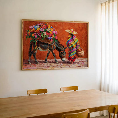Mexican Floral Donkey Wall Art, Latina Flower Market Folk Art, Vibrant Cultural Serape Print, Mexico Decor, Colorful Latin American Painting