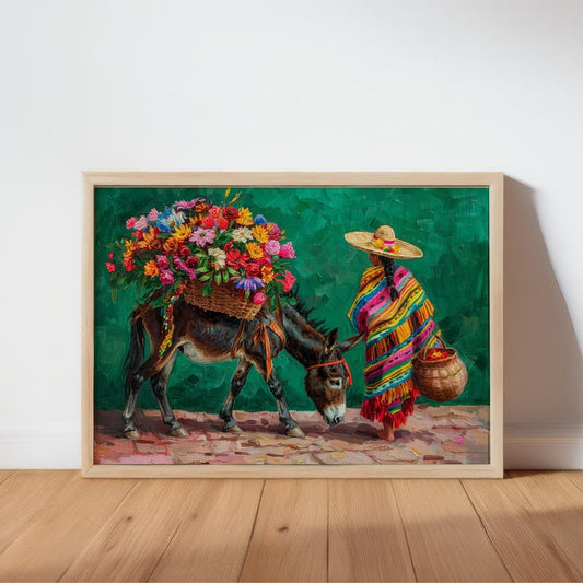 Mexican Floral Donkey Wall Art, Latina Flower Market Folk Art, Vibrant Cultural Serape Print, Mexico Decor, Colorful Latin American Painting