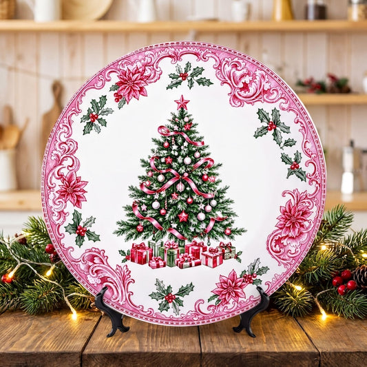 Elegant Chic Christmas Tree Decorative Plate | Festive Poinsettia Holiday Home Decor | Classic Kitchen Display Gift