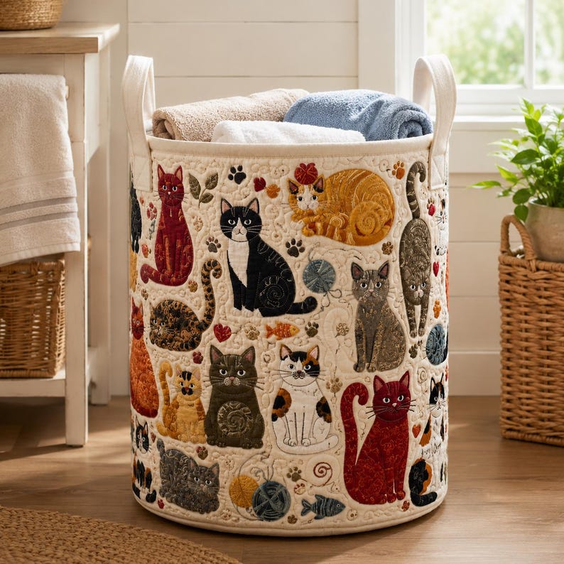 Quilted Cats Storage Basket, Cat Lover Laundry Hamper, Fabric Home Organization