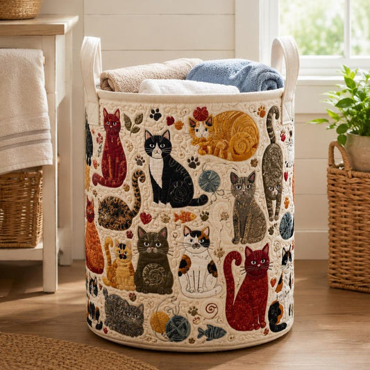Quilted Cats Storage Basket, Cat Lover Laundry Hamper, Fabric Home Organization