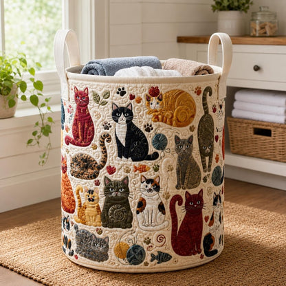 Quilted Cats Storage Basket, Cat Lover Laundry Hamper, Fabric Home Organization