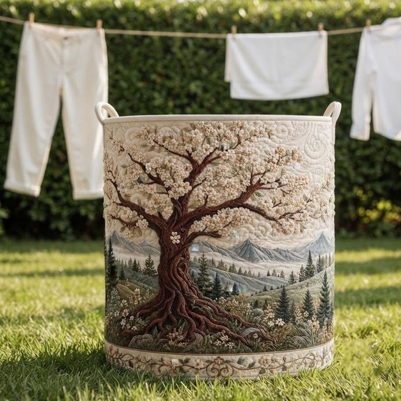 Eternal Branch Quilted Laundry Basket: Cherry Blossom Tree Clothes Hamper, Gift For Mom