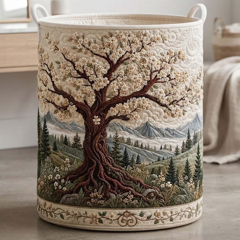 Eternal Branch Quilted Laundry Basket: Cherry Blossom Tree Clothes Hamper, Gift For Mom