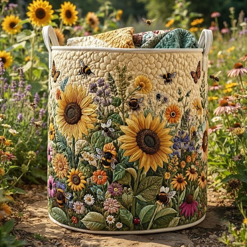 Sunflower Quilted Laundry Basket: Botanical Yellow Flower Storage Bin, Quilt Fabric Hamper