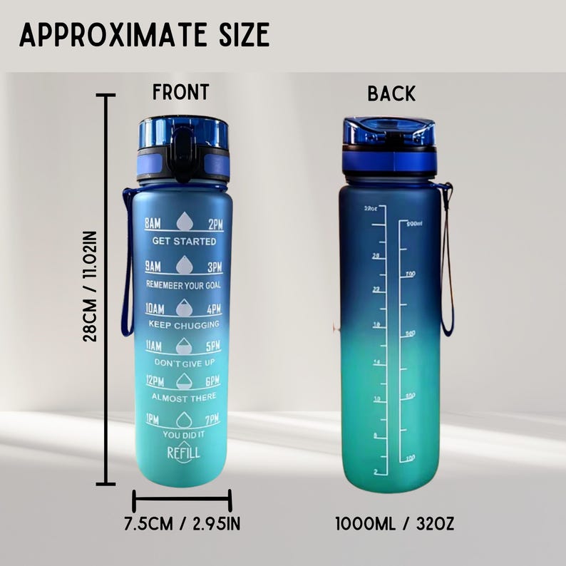 Personalised Water Bottle with Spout, Leak Proof, BPA-Free, Time Markings