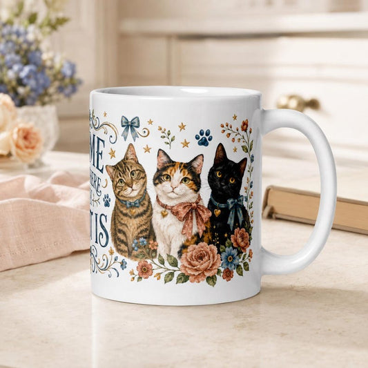 Ceramic Mug, Whimsical Floral Cats, Home Is Where My Cat Is Coffee Cup