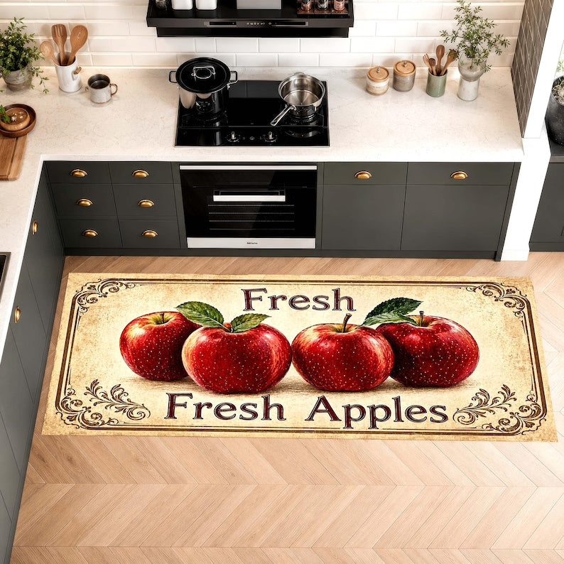 Fresh Apples Kitchen Runner Rug: Vintage Orchard Farmhouse Carpet, Non-Slip Machine-Washable