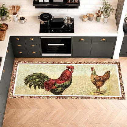Vintage Rooster Runner Rug: Farmhouse Chicken Kitchen Carpet, Non-Slip Machine-Washable