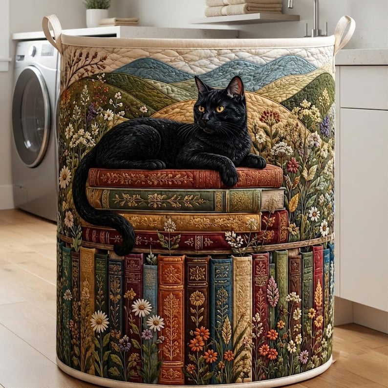 Bookish Cat Quilted Laundry Basket: Cozy Kitten Reading Books Storage Bin, Quilt Fabric Hamper
