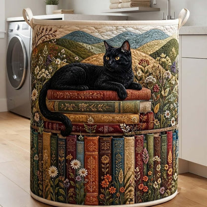 Bookish Cat Quilted Laundry Basket: Cozy Kitten Reading Books Storage Bin, Quilt Fabric Hamper