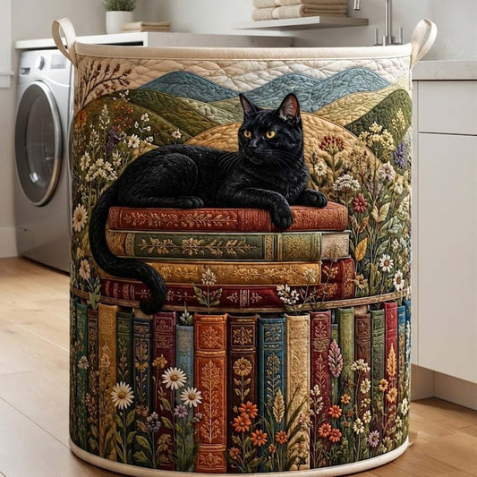 Bookish Cat Quilted Laundry Basket: Cozy Kitten Reading Books Storage Bin, Quilt Fabric Hamper