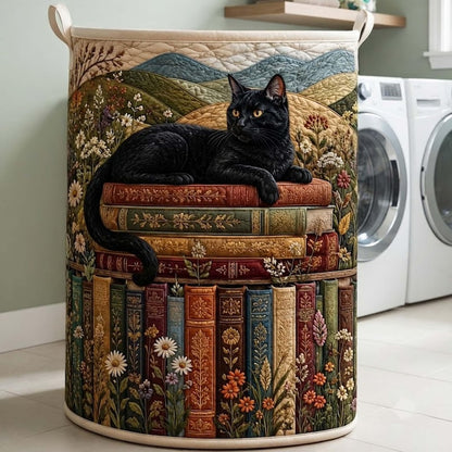 Bookish Cat Quilted Laundry Basket: Cozy Kitten Reading Books Storage Bin, Quilt Fabric Hamper