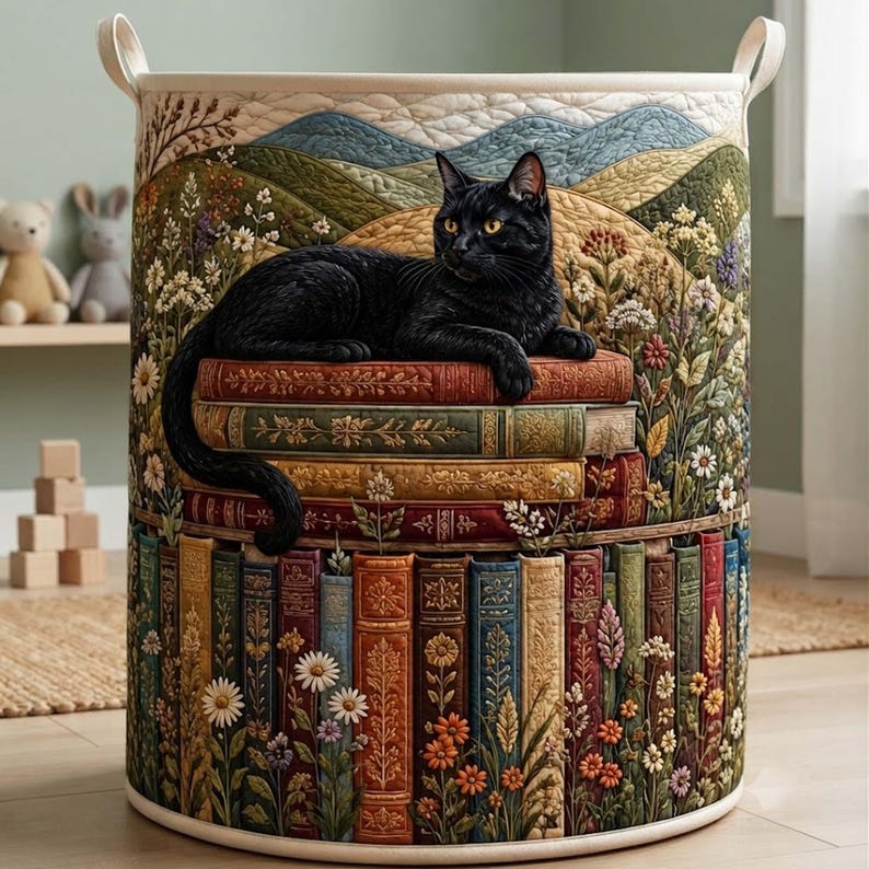 Bookish Cat Quilted Laundry Basket: Cozy Kitten Reading Books Storage Bin, Quilt Fabric Hamper