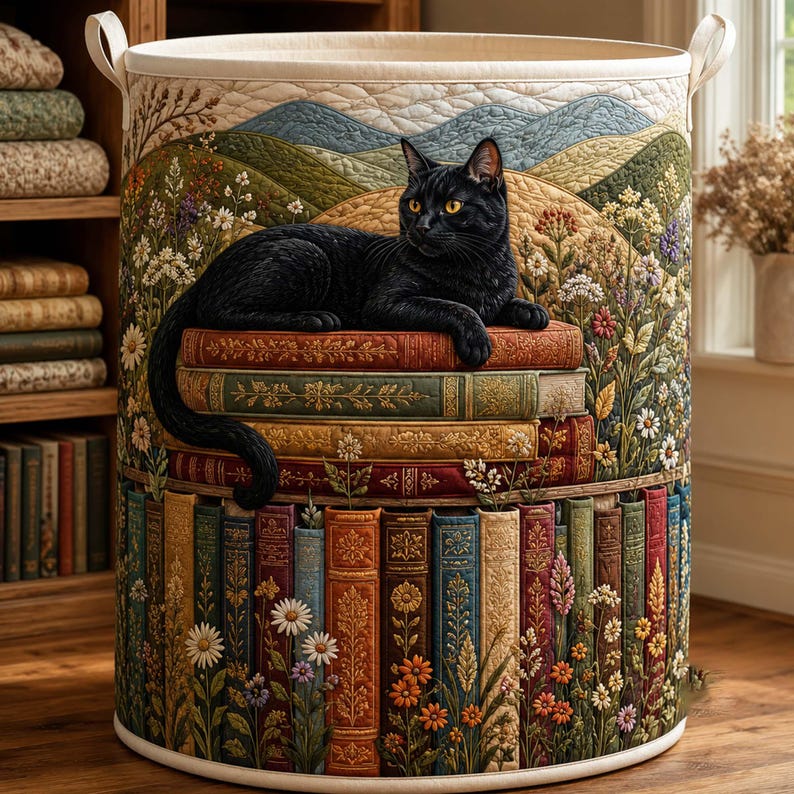 Bookish Cat Quilted Laundry Basket: Cozy Kitten Reading Books Storage Bin, Quilt Fabric Hamper