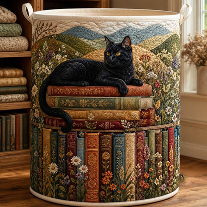 Bookish Cat Quilted Laundry Basket: Cozy Kitten Reading Books Storage Bin, Quilt Fabric Hamper