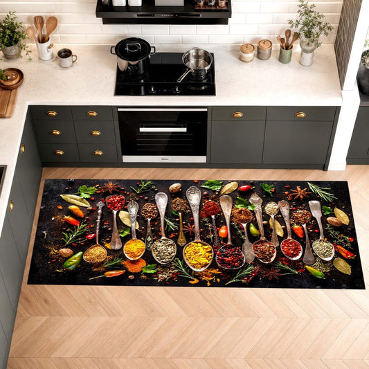 Rustic Spice Spoon Kitchen Runner Rug: Herb and Chili Culinary Farmhouse Carpet, Non-Slip Machine-Washable