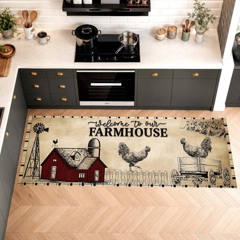 Welcome Farmhouse Kitchen Runner Rug: Rustic Rooster Barn Carpet, Machine-Washable Non-Slip