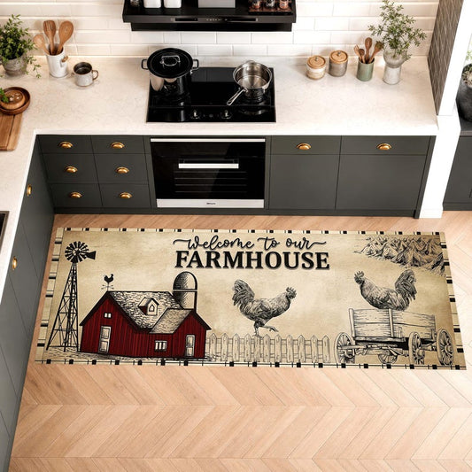 Welcome Farmhouse Kitchen Runner Rug: Rustic Rooster Barn Carpet, Machine-Washable Non-Slip