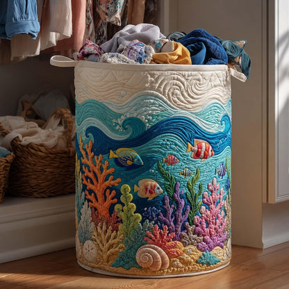 Coral Reef Quilted Laundry Basket: Ocean Wave Storage Bin, Sea Life Clothes Hamper