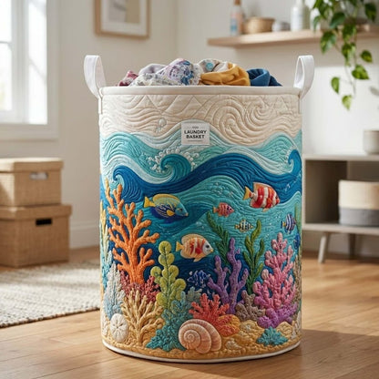 Coral Reef Quilted Laundry Basket: Ocean Wave Storage Bin, Sea Life Clothes Hamper