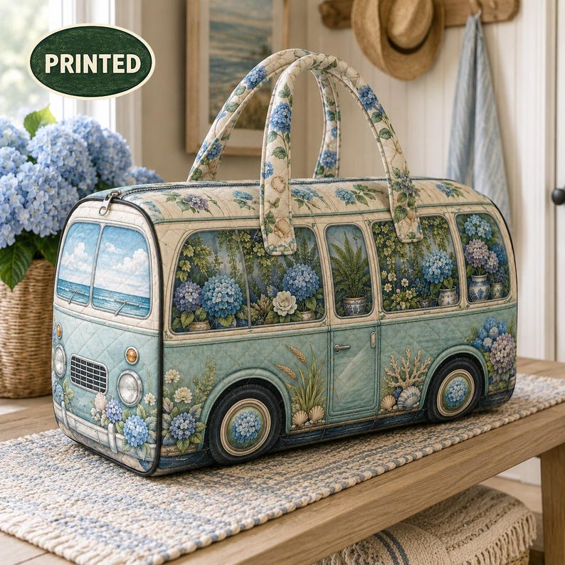 Vintage Camper Weekender Bag, Blue Hydrangea Quilted Travel Tote, Coastal Floral Overnight Duffel, Beach Birthday Gift For Her And Mom