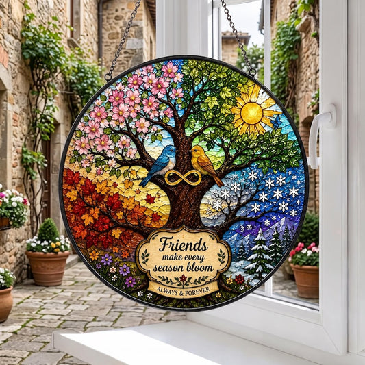 Friendship Stained Glass Suncatcher, Four Seasons Tree Window Hanging, Best Friend Gift, Infinity Birds Decor