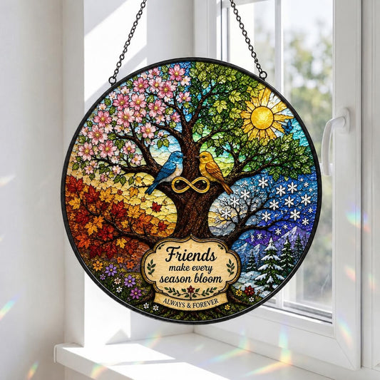 Friendship Stained Glass Suncatcher, Four Seasons Tree Window Hanging, Best Friend Gift, Infinity Birds Decor