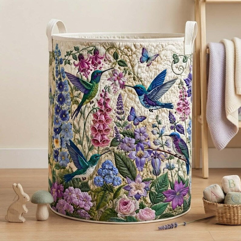 Hummingbird Garden Quilted Laundry Basket: Botanical Floral Storage Bin, Quilt Fabric Hamper