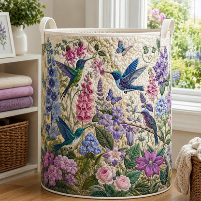 Hummingbird Garden Quilted Laundry Basket: Botanical Floral Storage Bin, Quilt Fabric Hamper