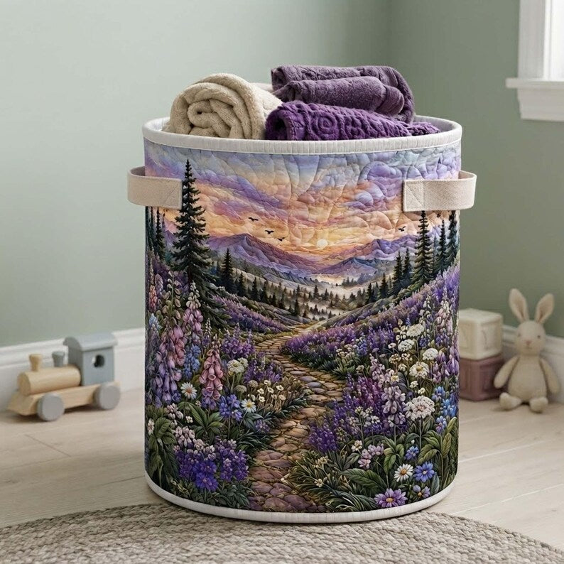 Lavender Path Quilted Laundry Basket: Botanical Purple Floral Storage Bin, Quilt Fabric Hamper