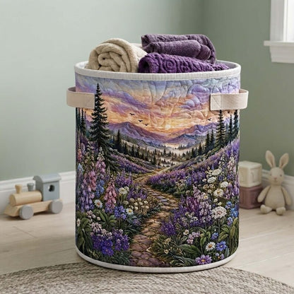 Lavender Path Quilted Laundry Basket: Botanical Purple Floral Storage Bin, Quilt Fabric Hamper