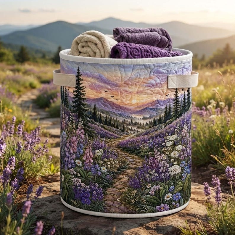 Lavender Path Quilted Laundry Basket: Botanical Purple Floral Storage Bin, Quilt Fabric Hamper