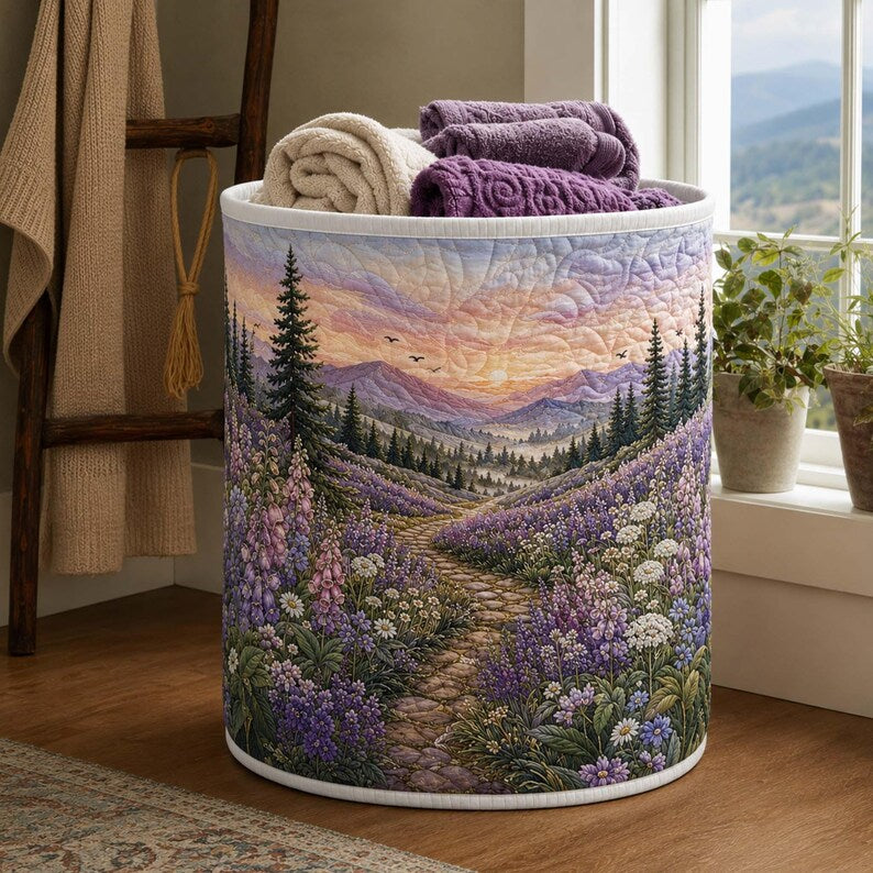 Lavender Path Quilted Laundry Basket: Botanical Purple Floral Storage Bin, Quilt Fabric Hamper