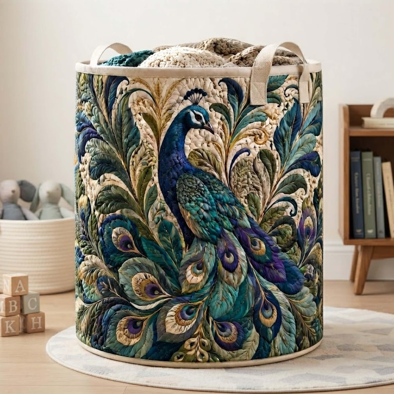 Majestic Peacock Quilted Laundry Basket: Botanical Bird Animal Storage Bin, Quilt Fabric Hamper