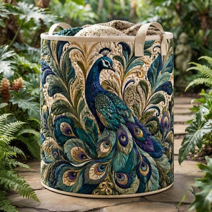 Majestic Peacock Quilted Laundry Basket: Botanical Bird Animal Storage Bin, Quilt Fabric Hamper