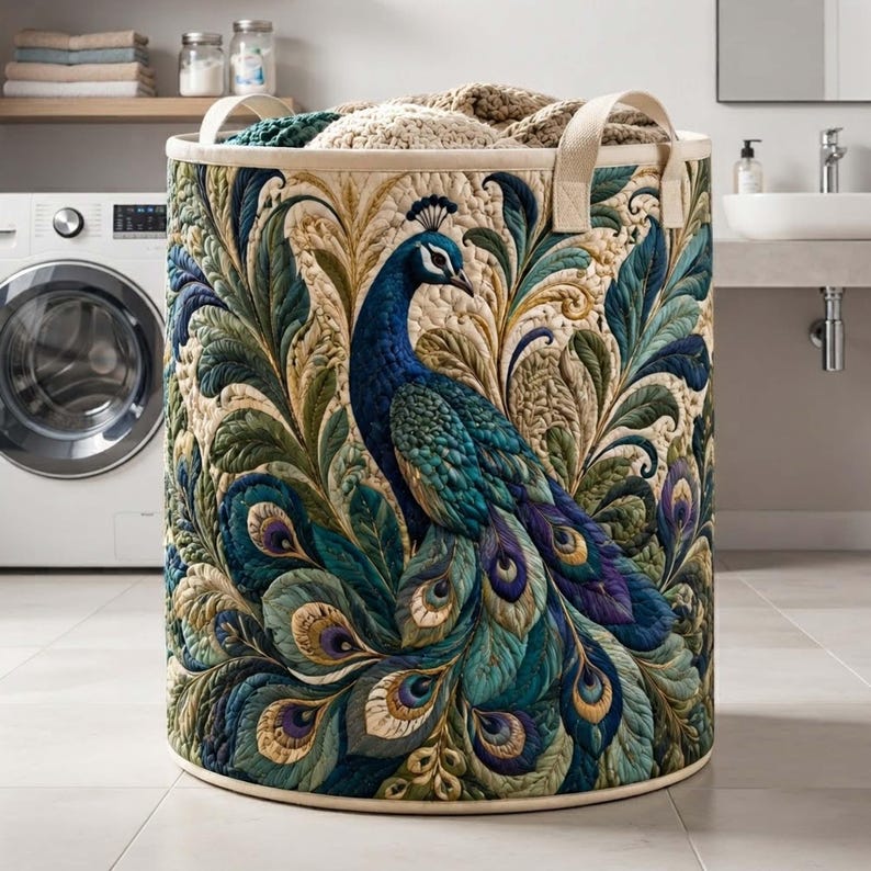 Majestic Peacock Quilted Laundry Basket: Botanical Bird Animal Storage Bin, Quilt Fabric Hamper