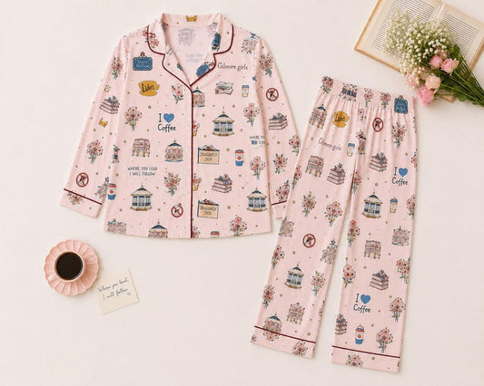 Book Lover Pajama Set, Cozy Coffee Sleepwear, Vintage Floral Pajamas, Library Lover Lounge Set, Women's Long Sleeve PJs