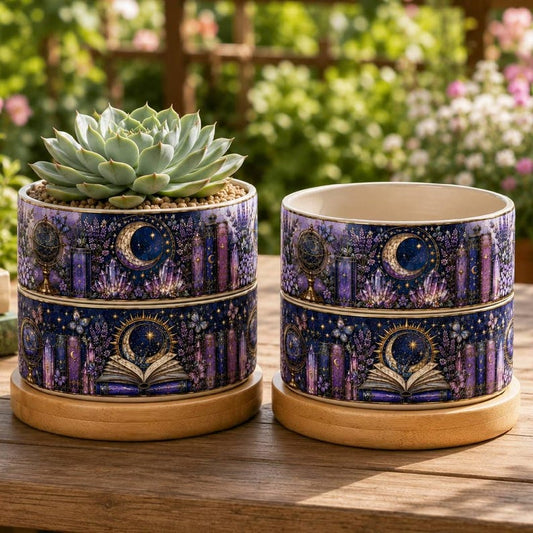 Moon & Star Bookshelf Floral Stained-Glass Style Plant Pot, Floral Bookshelf, Librarian Gift, Teacher Back to School Gift, Book Lover Gift
