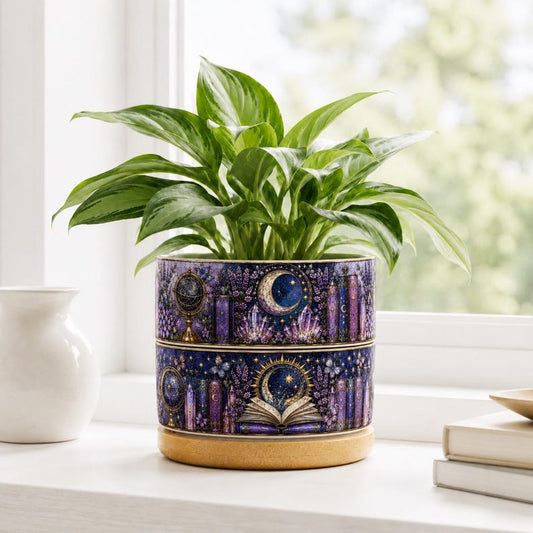 Moon & Star Bookshelf Floral Stained-Glass Style Plant Pot, Floral Bookshelf, Librarian Gift, Teacher Back to School Gift, Book Lover Gift