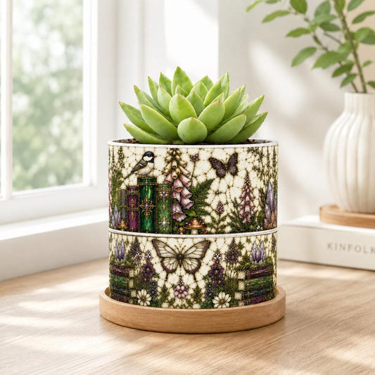 Butterfly Flowers Bookshelf Stained Glass Style Plant Pot, Home Decor, Librarian Gift, Teacher Back to School Gift, Book Lover Gift