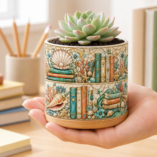 Bookshelf Stained Glass Ocean Style Plant Pot, Sea Lover Gift, Reader Gift, Bookish Decor Reading Room Art, Librarian Teacher Appreciation