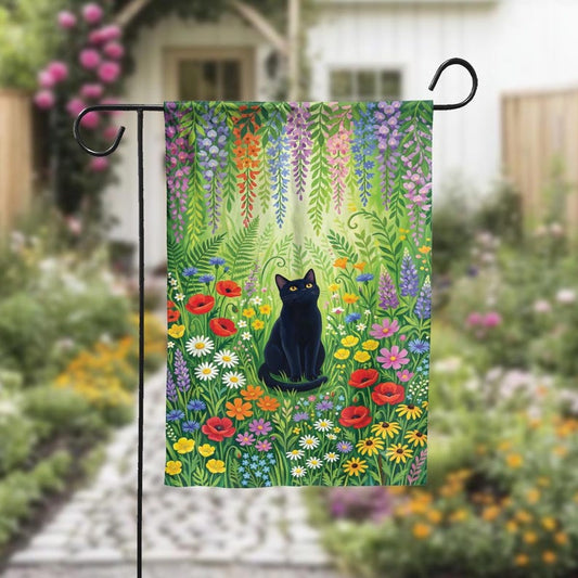 Black Cat Floral Garden Flag, Cottagecore Wildflower Yard Decor