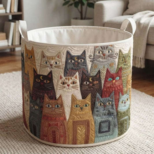 Colorful Cat Quilted Laundry Basket: Cute Cats Clothes Hamper, Whimsical Pet Storage Bin